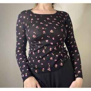 Offspring Trisha Sayad Vintage 70s Black & Pink Floral Fitted Long Sleeve Top XS